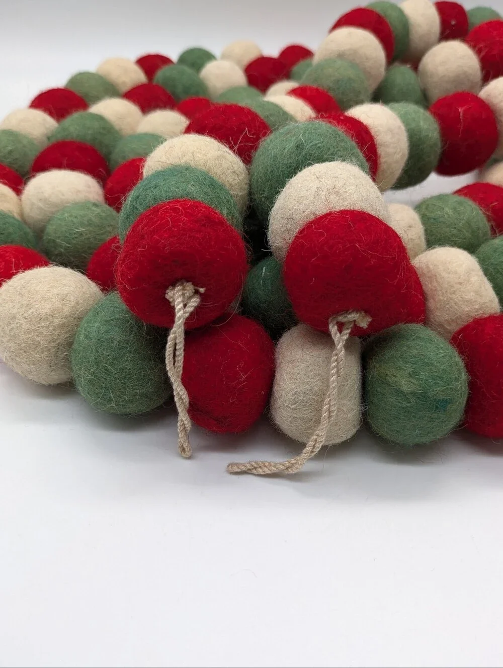Red Cream Green Large Felted Ball Winter Christmas Holiday 12ft Garland